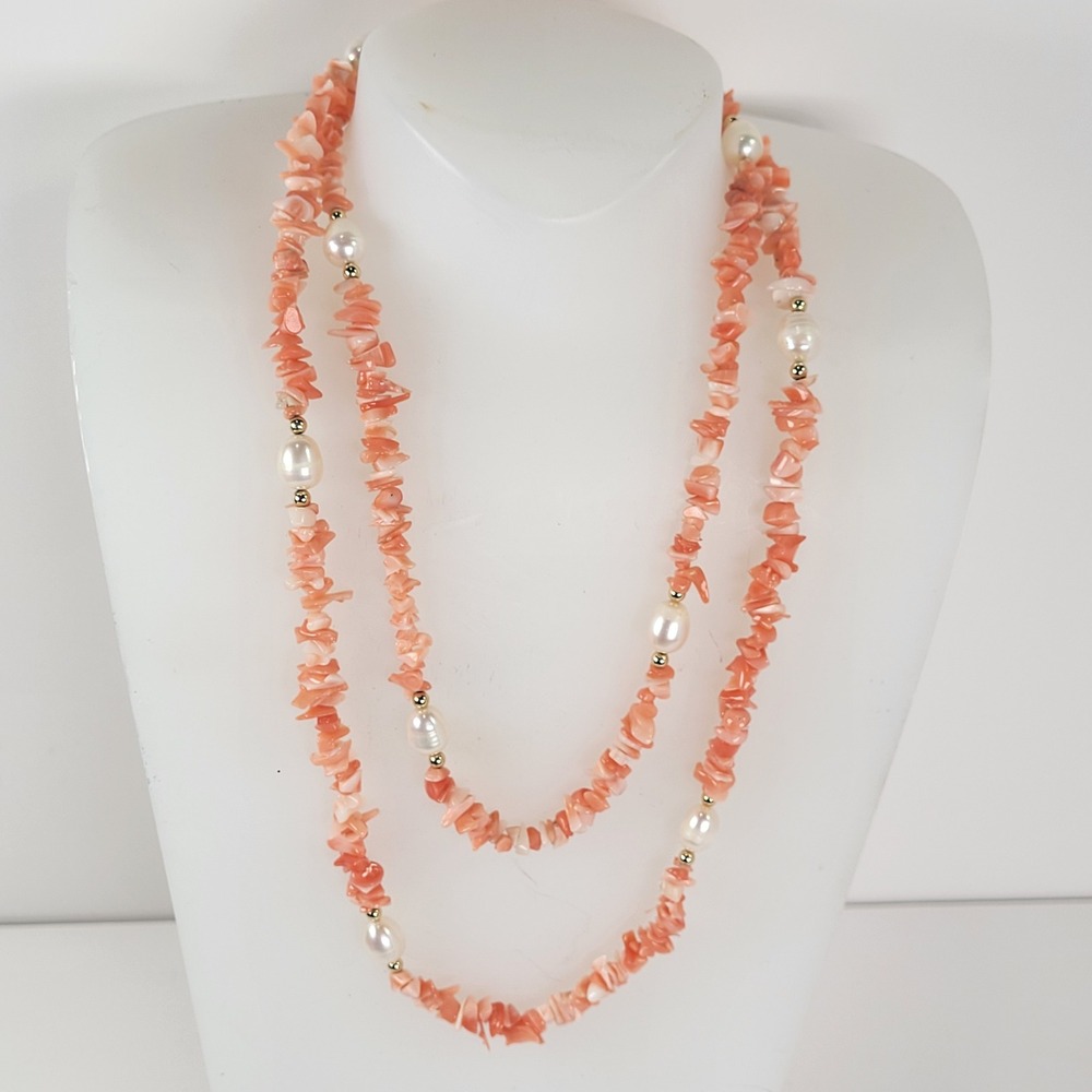 Vintage Pink Coral Chip Necklace Freshwater Pearls 14K Gold Spacers 34" Opera